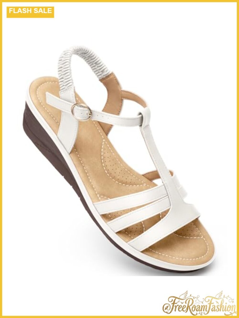 Wedge Sandals Faux Leather Open Toe T-Strap Platform Summer Walking Shoes